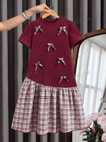 Teen GirlSolid Color & Striped Patchwork Dress With Elegant 3D Bow Decor - Multicolor - View 3