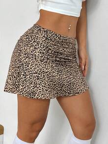 SHEIN EZwear Y2K豹紋荷葉邊緊身迷你裙 - 摩卡棕 - 查看 5