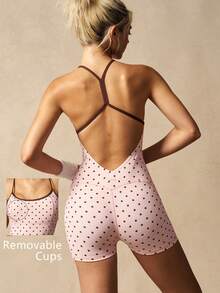 VARSIVA Bộ jumpsuit không tay hở lưng in họa tiết chấm bi, thích hợp mặc mùa hè. - Hồng - Xem 3