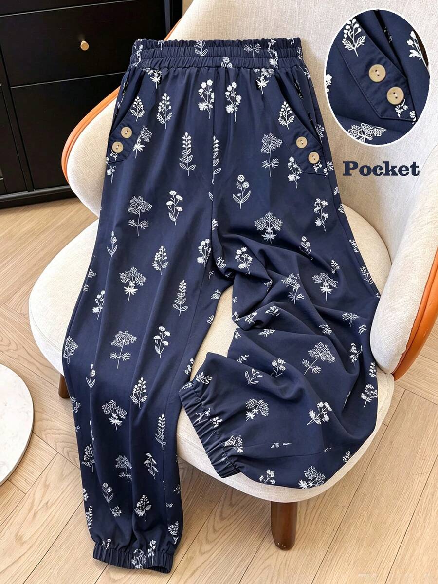 Linhara Plus Size Casual Loose Fit Botanical Print Pants Fall - Royal Blue - View 1