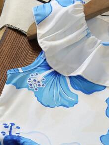 Genkimix Kids 2件裝少女甜美度假風花卉印花無袖荷葉領上衣與休閒長褲套裝，適合日常出遊、公園、度假、海灘、派對、返校，春夏季穿著 - 藍色 - 查看 4