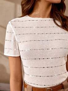 Selenza Summer Women's Elegant Vacation Beach Party Rave Casual Commute Sequin Knit Texture Hollow Out Lightweight T-Shirt White And Silver - White - View 5