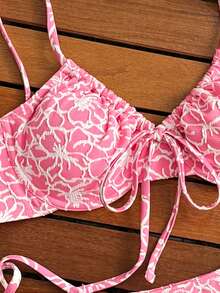 Swim Mod Sweet And Lovely Pink Floral Textured Bikini Swimsuit Set For Women,Pink Floral Pattern Drawstring Underwire Bikini Swimwear Set With Side Tie - Multicolor - View 8