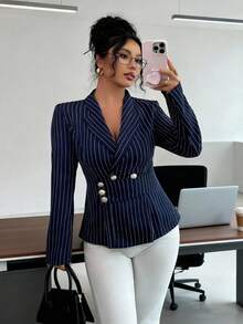 SHEIN Elenzya 大码女士西装外套，金属扣腰带设计，条纹优雅日常通勤时尚法式街头复古百搭商务长袖西装外套，藏蓝色女士西装外套，女士优雅套装，适合办公室穿着。 - 藏蓝色 - 查看 6