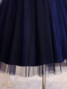 Vestido elegante para niñas preadolescentes para fiesta de regreso a la escuela con cuello en V, sin mangas, mangas con volantes, tul y encaje - Azul Marino - Ver 8