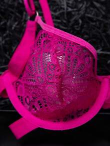 SHEIN 2件套橙色钢圈蕾丝文胸套装，清新青春 - 玫紅色 - 查看 3