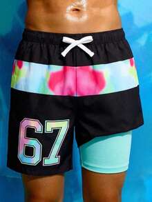 SHEIN (Random 4pcs, 1pc Sent) Boys' Casual Korean Style Comfortable Colorful 67 Number Print Loose Patchwork Slim Fit Beach Shorts, With Lining - Multicolor - View 2