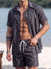 Ironwick Men's Flamingo Print Short Sleeve Shirt And Shorts Sports Set, Gym - Multicolor - View 4