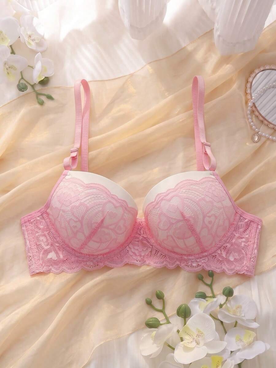 DelicateAllure Áo ngực có gọng nâng ngực, phối ren, cúp 3/4, dễ thương, ngọt ngào, lãng mạn, thích hợp mặc hàng ngày cho nữ. - Hồng - Xem 1