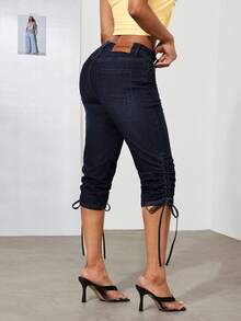 Denimoi Pantalones capri de mezclilla elástica, jeans capri, jeans sexy, jeans de moda, jeans capri de verano con cordón - Azul lavado oscuro - Ver 1