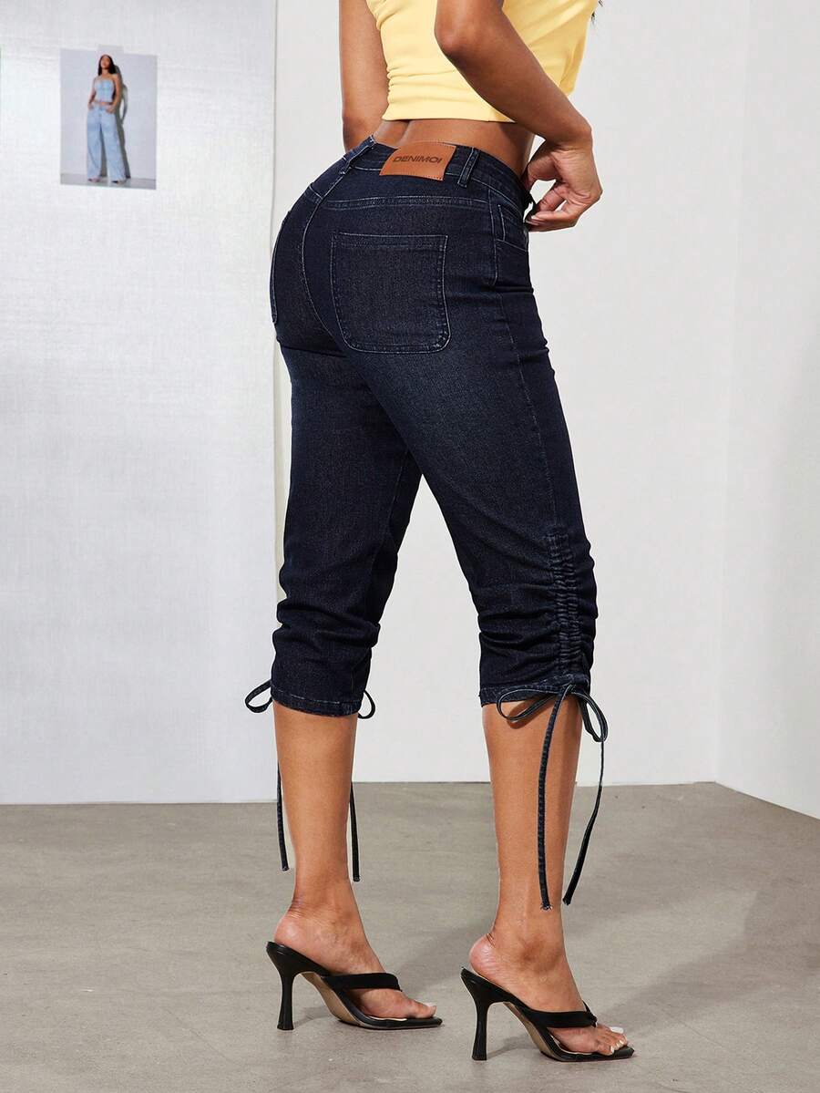 Denimoi Pantalones capri de mezclilla elástica, jeans capri, jeans sexy, jeans de moda, jeans capri de verano con cordón - Azul lavado oscuro - Ver 1
