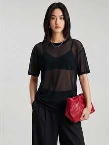 Ontre Women's Black Mesh Fabric Sheer Tops, See Through Shirt, Loose Fit Round Neck Short Sleeve T-Shirt, Sexy Chic Club Night Summer Vacation Boho - Black - View 5