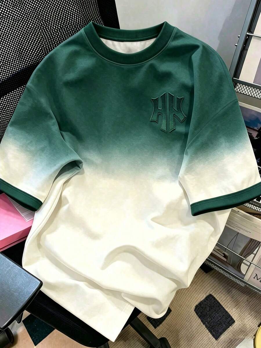 Manfinity Hypemode 美式復古藍白漸層印花NY Logo圓領上衣,街頭風圓領短袖襯衫,男女款圖案T恤,適合日常、度假、休閒出遊半袖襯衫 - 彩色 - 查看 1
