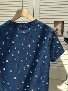 Resyla Direkomendasikan Gaya Terlaris, Kaos Wanita Lengan Pendek Leher Bulat Motif Rhinestone Warna-warni yang Manis & Keren, Cocok untuk Belanja Sehari-hari dan Kencan Bersama Sahabat - MultiWarna - View 4