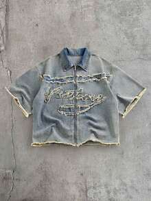 Athstrex Men's Light Color Shirt With Vintage Embroidered Patch Short Sleeve Jacket - Blue - View 2
