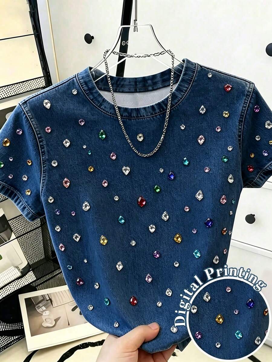 Resyla Direkomendasikan Gaya Terlaris, Kaos Wanita Lengan Pendek Leher Bulat Motif Rhinestone Warna-warni yang Manis & Keren, Cocok untuk Belanja Sehari-hari dan Kencan Bersama Sahabat - MultiWarna - View 1