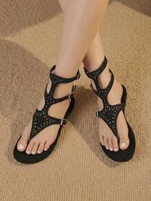 Styleloop Sandal Datar Wanita, Gaya Bohemian, Liburan Pantai, Gaya Barat, Pakaian Musim Panas, Perlengkapan Perjalanan - Hitam - View 3
