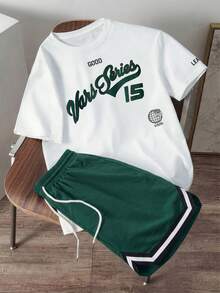 Manfinity Homme Men's White And Green Emerald Green Streetwear Short Sleeve T-Shirt And Drawstring Basketball Shorts Set,Summer Back-To-School Graduation Graphic - Multicolor - View 3