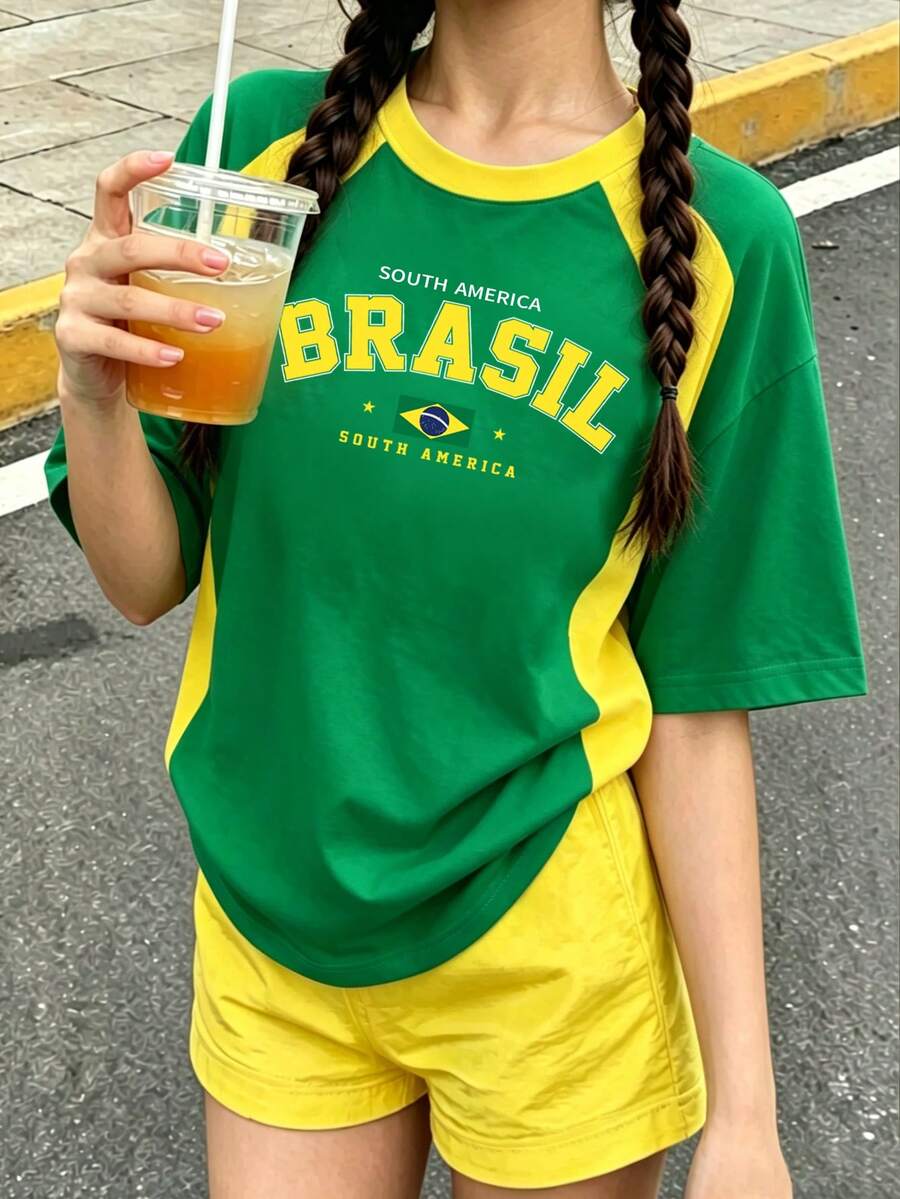 Pakaian Musim Panas Musim Semi Musim Gugur Remaja Perempuan Mode Kreatif Personalisasi Hijau Brasil Kuning Huruf Slogan Pola Kasual Dasar Kaos Lengan Pendek Gaya Musim Panas dan Gugur yang Nyaman Pakaian Sehari-hari - MultiWarna - View 1