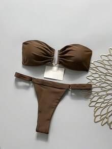 Swim Chiccia Bộ đồ bơi bikini 2 mảnh không dây màu trơn trang trí kim loại cho nữ mùa xuân, trang phục đi biển mùa hè tối giản - màu nâu - Xem 6