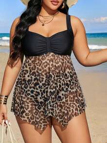 Swim Lushoire Plus Size Leopard Print Patchwork Tankini Set For Vacation Beach - Multicolor - View 3