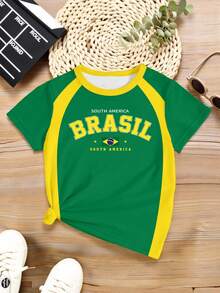 Pakaian Musim Panas Musim Semi Musim Gugur Remaja Perempuan Mode Kreatif Personalisasi Hijau Brasil Kuning Huruf Slogan Pola Kasual Dasar Kaos Lengan Pendek Gaya Musim Panas dan Gugur yang Nyaman Pakaian Sehari-hari - MultiWarna - View 4