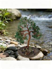 Crystal Fortune Tree, Perfectly Blending Natural Energy With Feng Shui Symbolism. Leaves Composed Of Multi-Colored Pebbles Including Amethyst, Rose Quartz, And Citrine, Shimmering Translucent Under Light, Serving As Both A Healing Decoration For Home And Office, And Carrying The Beautiful Wishes Of Attracting Wealth, Happiness, And Good Fortune. - Green - View 3