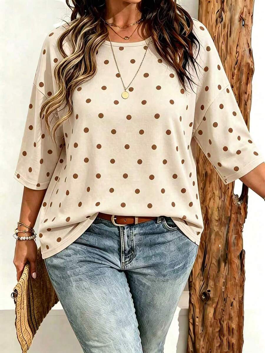 EMERY ROSE Plus Size Women's Casual Minimalist Polka Dot Print Drop Shoulder T-Shirt, Suitable For Summer Wear - Multicolor - View 1