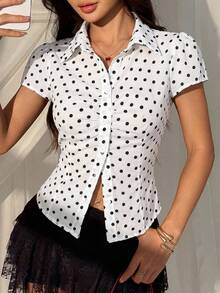 SHEIN EZwear White And Black Polka Dot Woven Polka Dot Fitted Women's Shirt Everyday Date Summer French Victorian Vintage - White - View 3