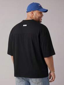 Athstrex Men's Plus Size Casual Letter Print Loose Drop Shoulder V-Neck Short Sleeve Oversized T-Shirt, Suitable For Summer And Sports, Grunge Style - Black - View 2