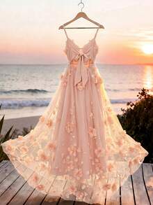 SHEIN PariChic 浪漫花卉网纱长裙，适合生日、婚礼宾客、新娘礼服等场合 - Sugar Pink - 查看 3