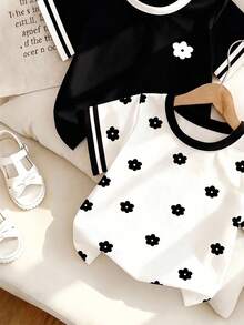 SHEIN Playful Pals 2件組女童幼兒夏季新款柔軟面料圓領可愛碎花印花短袖寬鬆簡約百搭T恤，休閒百搭日常穿著 - 彩色 - 查看 4
