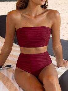 SHEIN Swim Women's Solid Color Strapless Gathered Bikini Set, Beach Summer Outfits - Burgundy - View 5