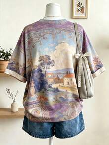 Lalippa Kaos Wanita Lengan Pendek Longgar dengan Motif Lukisan Minyak Gaya Digital Print - MultiWarna - View 2