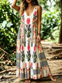 Linhara Vestido de playa de estilo bohemio con estampado floral y botánico para mujer de talla grande, cómodo y elegante - Multicolor - Ver 1