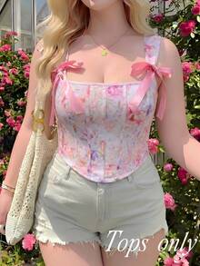 SHEIN MOD 大尺碼夏季夢幻浪漫花卉印花細肩帶上衣，鄉村風，宮廷風，舞廳浪漫派對，度假奢華復古宮廷 - 彩色 - 查看 6