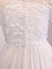 Vestido de niña de organza premium con bordado floral, cuello alto, mangas abullonadas exageradas, cintura ceñida, falda completa, decoración de perlas, largo medio, tela ligera y suave, adecuado para vacaciones, graduación, regreso a la escuela, temporada de bodas, fiestas formales y eventos - Blanco - Ver 4