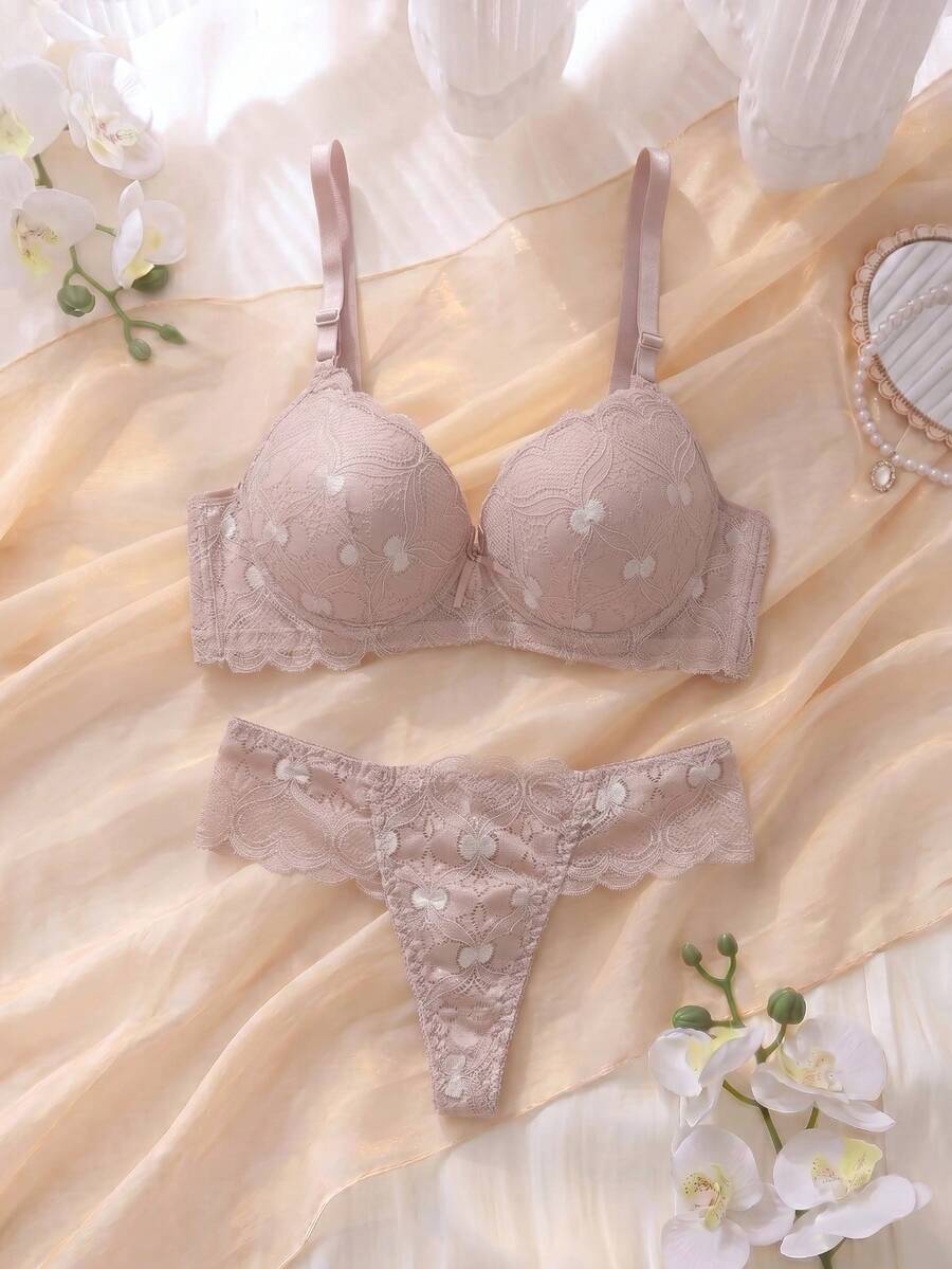 DelicateAllure Floral Lace Underwire Bra & Panty Lingerie Set - Khaki - View 1