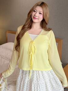 Bijouette Blus Wanita Ukuran Besar Warna Polos Leher V dengan Hiasan Renda dan Tali di Depan, Atasan Kuning, Atasan Musim Panas - Kuning - View 6