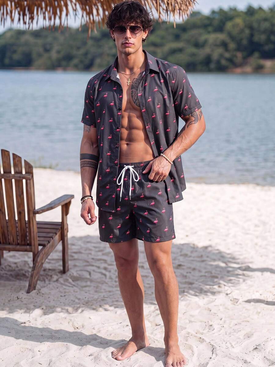 Ironwick Men's Flamingo Print Short Sleeve Shirt And Shorts Sports Set, Gym - Multicolor - View 1