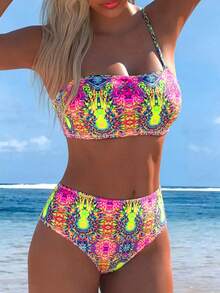 Swim Lushoire Women's Summer Vacation Beach Retro Print Detachable Spaghetti Strap High Waist Bikini Set - Multicolor - View 3