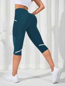 Easithlete Easithlete Contrast Mesh Phone Pocket Wide Band Waist Sports Leggings Yoga Women Pants - Teal Blue - View 2