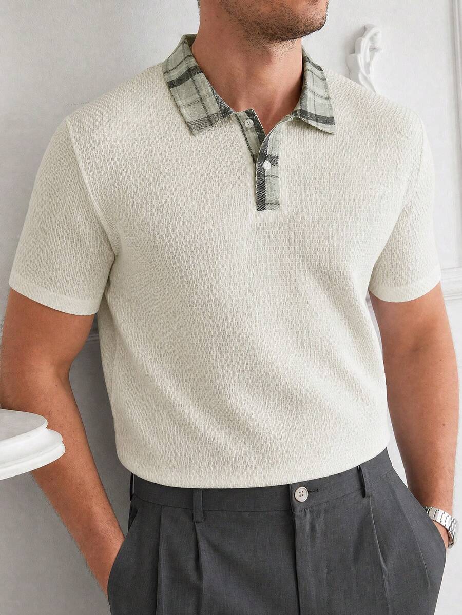 Core Aspect Áo Polo nam cổ kẻ caro phối họa tiết, dáng ôm vừa vặn, tay ngắn, thích hợp mặc hàng ngày đi làm.