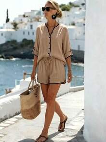 SHEIN Holidaya Contrast Trim Linen Shirt & Shorts Set, Loose Casual Beach Holiday 2 Pieces Outfit - Khaki - View 1