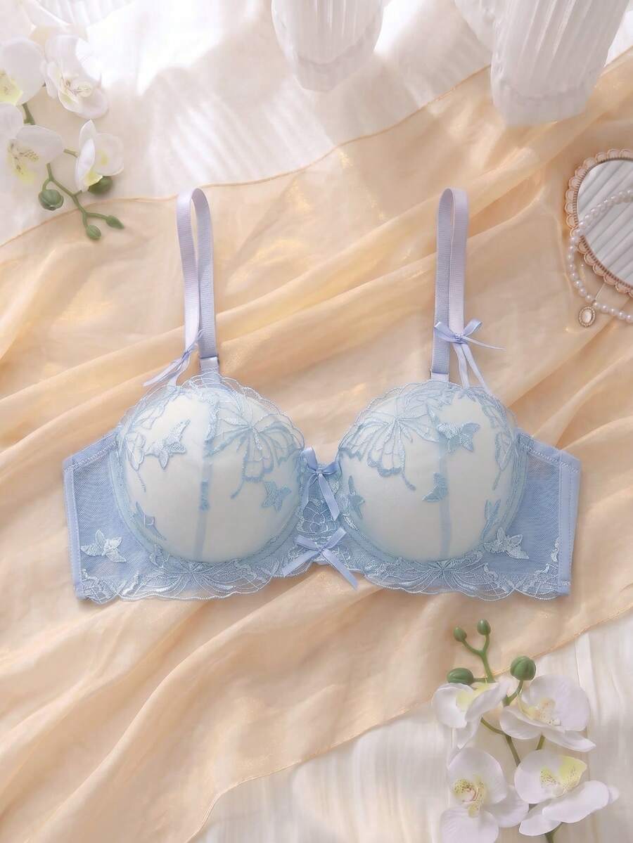 DelicateAllure 1pc Sheer Embroidered Mesh Babydoll Lingerie Set With Molded Cups And Underwire, Summer Holiday Sleepwear For Women, Pink - White - View 1