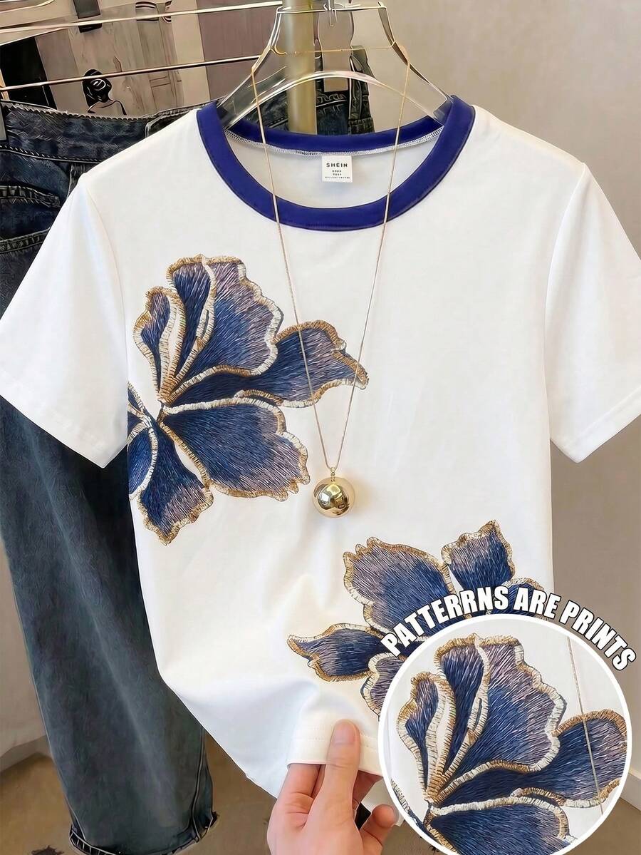 女童休閒簡約復古假刺繡花卉印花圓領短袖T恤,適合夏季日常穿搭 - 彩色 - 查看 1