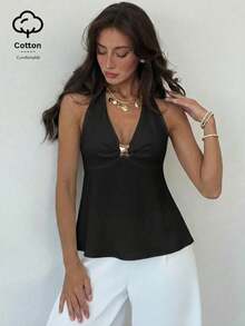 Aloruh Women's Linen Metal Decor Waist A-Line Shirt, Spring/Summer,Summer Top - Black - View 5