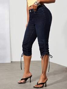 Denimoi Pantalones capri de mezclilla elástica, jeans capri, jeans sexy, jeans de moda, jeans capri de verano con cordón - Azul lavado oscuro - Ver 5