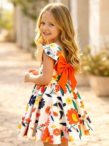 SHEIN Elladie kids 女童（小号）春夏新款休闲时尚连衣裙，彩色花卉数码印花图案，圆领无袖荷叶袖，露背蝴蝶结装饰，腰部褶皱荷叶边下摆，适合年轻女孩穿着，可爱、舒适、优雅，适合日常、上学、外出、聚会、度假等场合。 - 彩色 - 查看 4