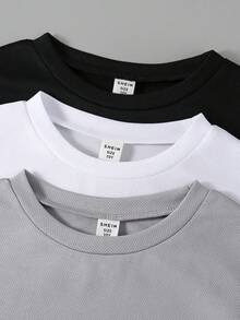 SHEIN Vacaura 3 件套青少年男孩圆领 T 恤，带贴花装饰，短袖上衣，春夏 - 黑與白 - 查看 5